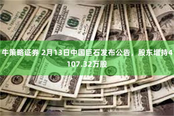 牛策略证券 2月13日中国巨石发布公告，股东增持4107.32万股